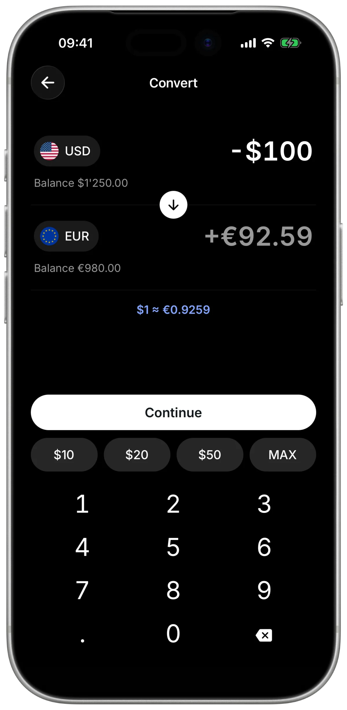 Conversione di dollari statunitensi in euro nell'app Zeeo