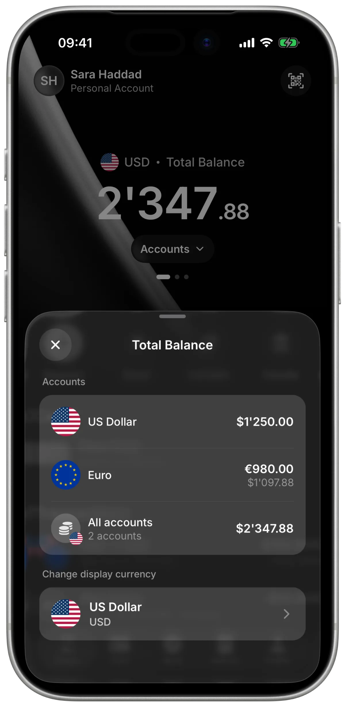 Saldo totale dei conti in USD ed EUR nell'app Zeeo